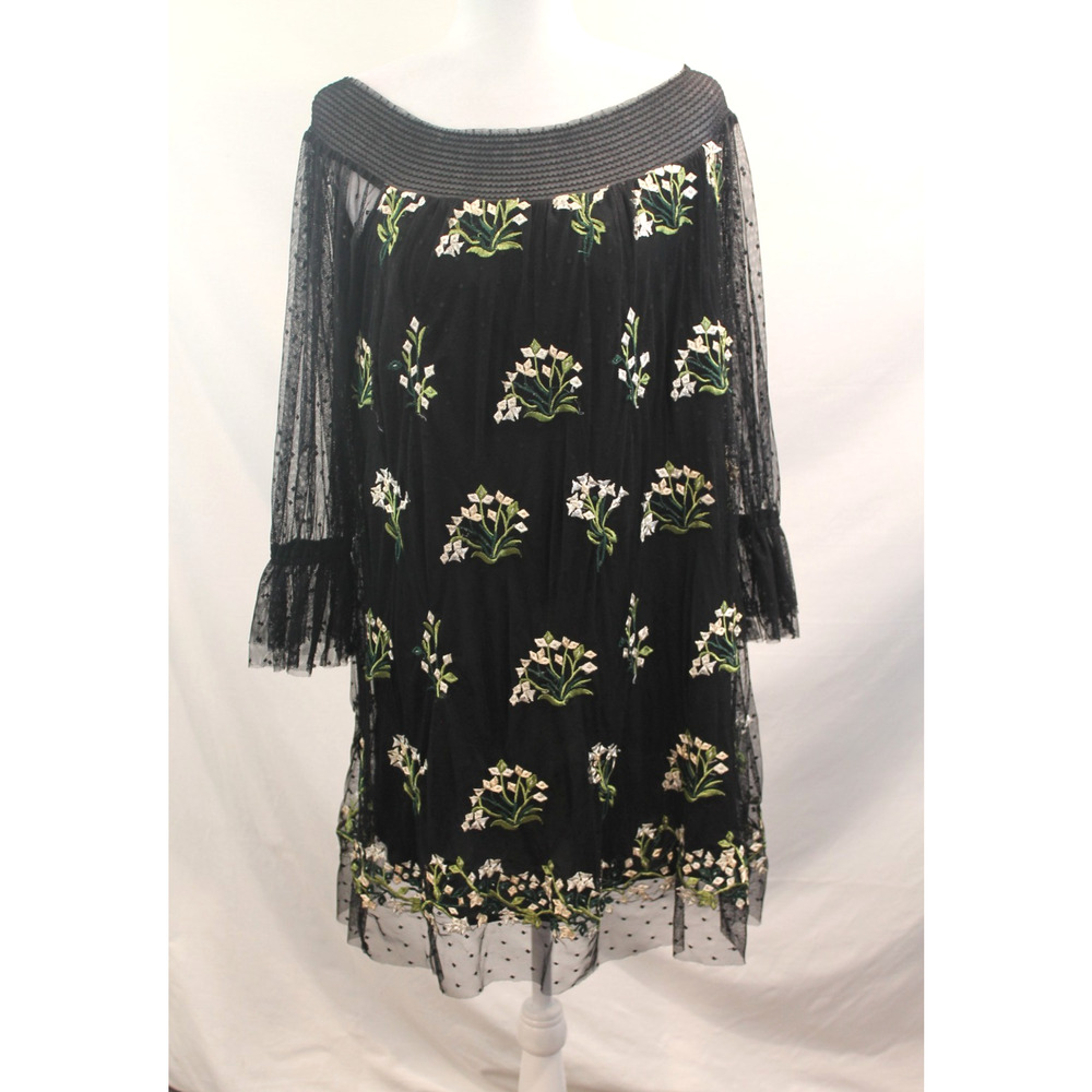 Womens Off the Shoulder Mesh Overlay Embroidered Dress size L Black Sheer Sleeve